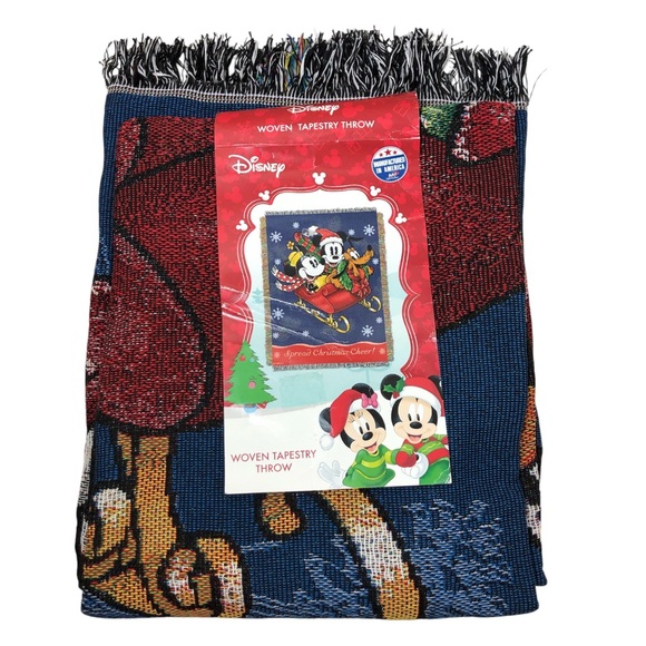Disney Mickey Minnie Pluto Sleigh Ride Woven Made USA Tapestry Throw 48x60 Inch - Picture 1 of 9